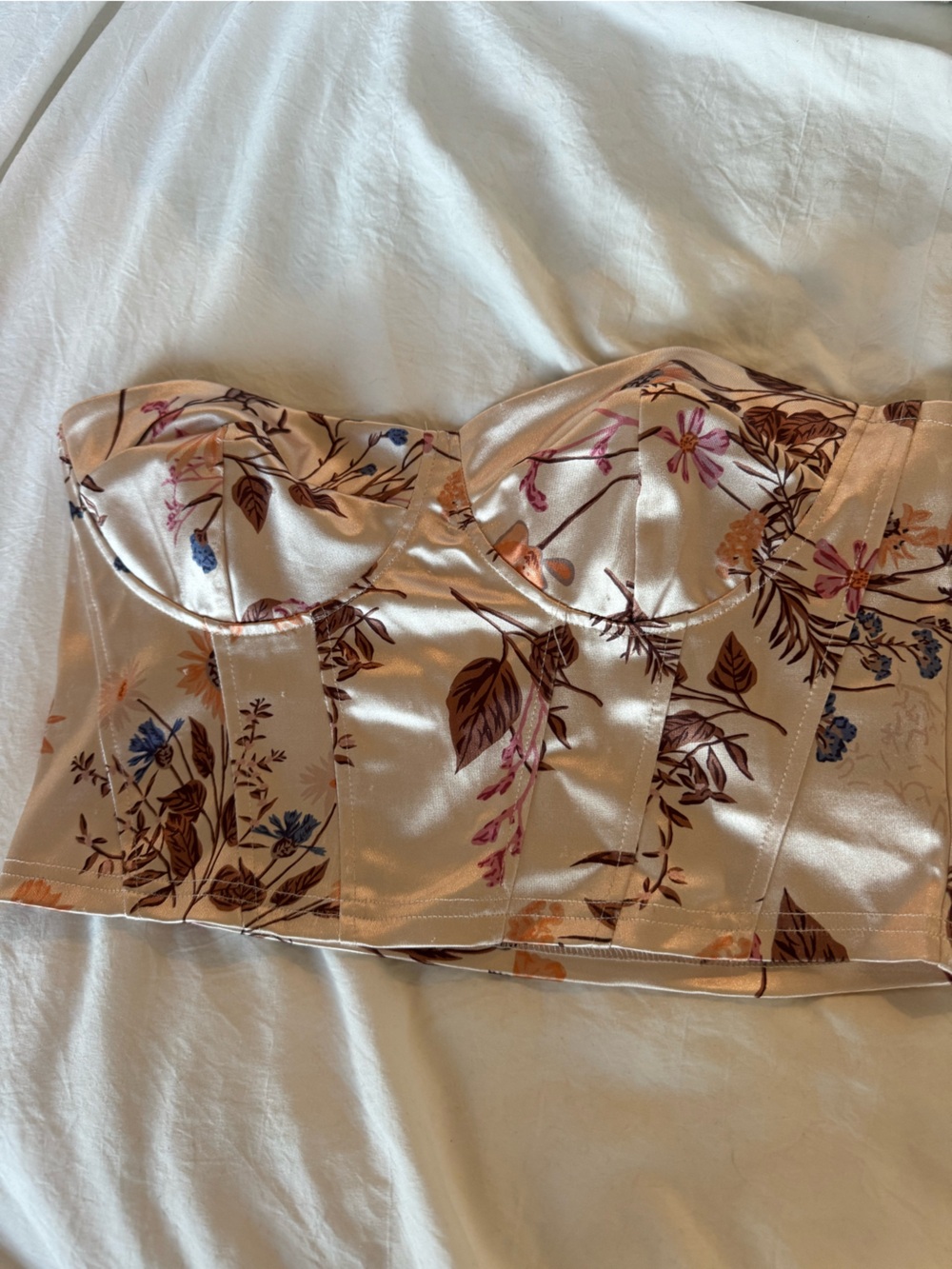 Satin Floral Bustier Crop Top - Blush with Multicolor Floral